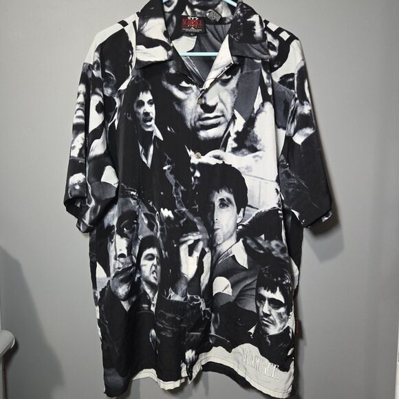 B9 VTG Dragonfly SCARFACE Tony Montana Button Shirt All Over Print Button Up Y2K - Picture 1 of 7